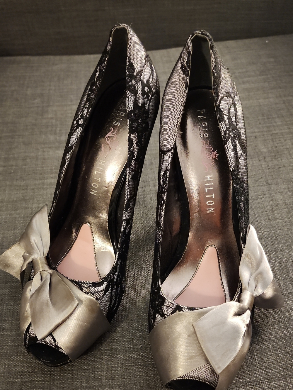 Paris Hilton Black Lace Peep-Toe Heels with Silver Satin Bow